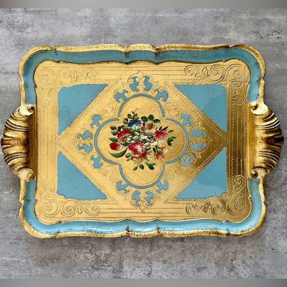 Florentine Gilded Serving Tray, Gold and blue Hand Carved and Painted Platter